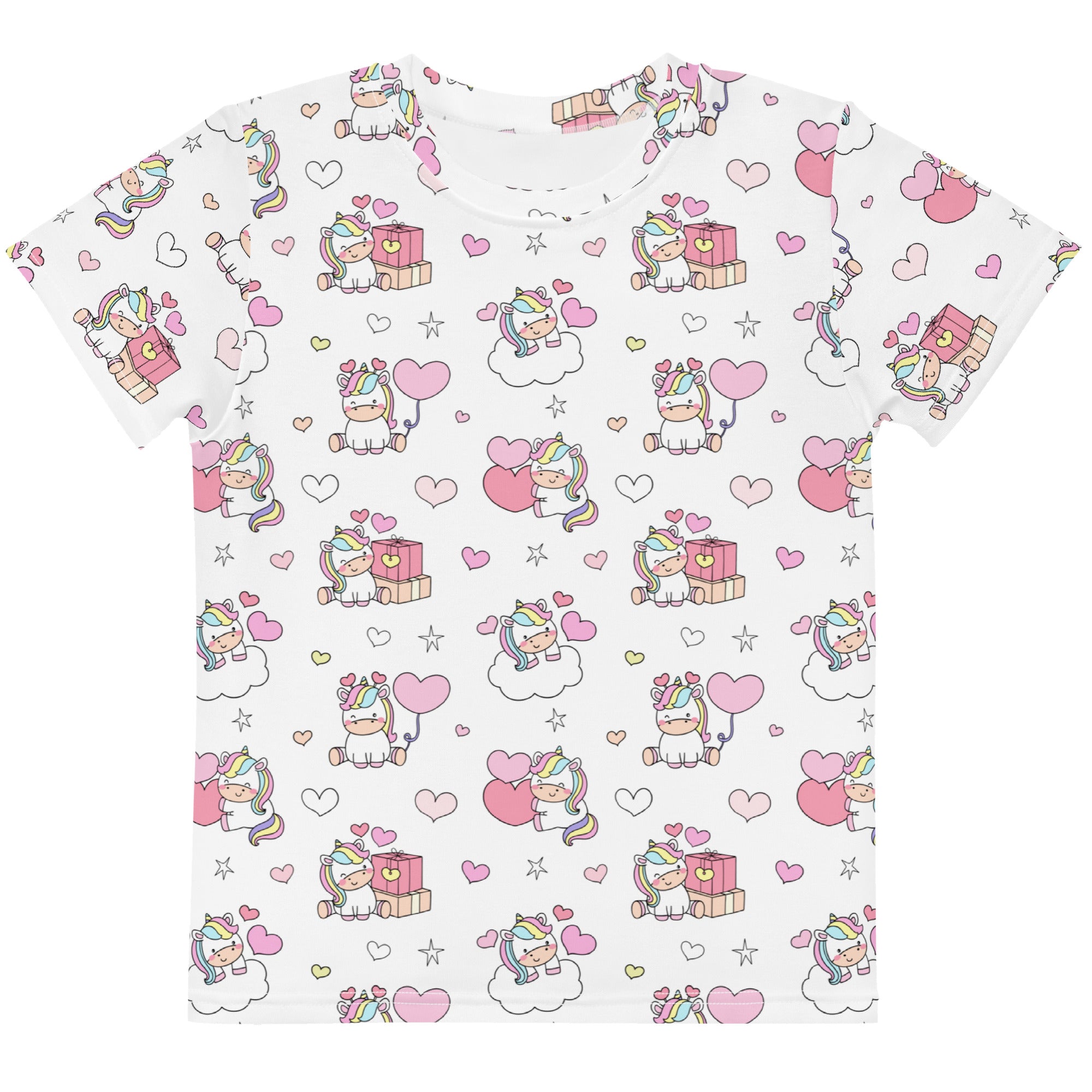 Girls unicorn birthday cotton t-shirt in white with short sleeves and playful pastel unicorn heart and gift print