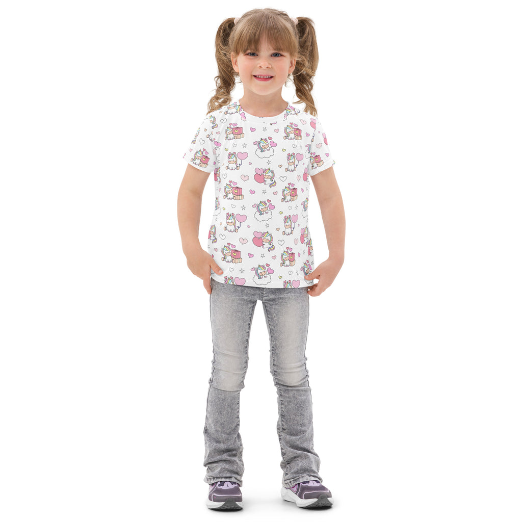 White girls unicorn birthday cotton t-shirt with playful pink and gray cartoon unicorns hearts and stars pattern