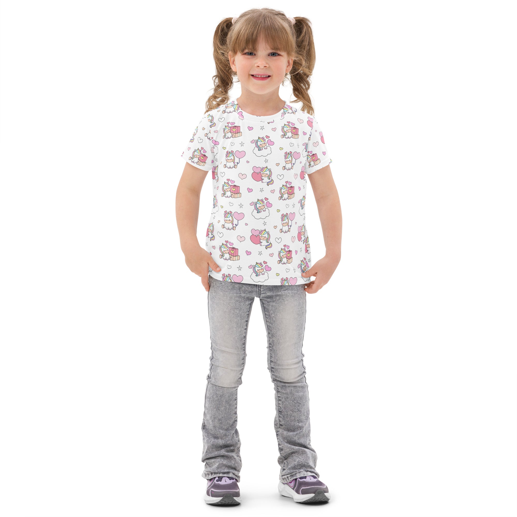 White girls unicorn birthday cotton t-shirt with playful pink and gray cartoon unicorns hearts and stars pattern