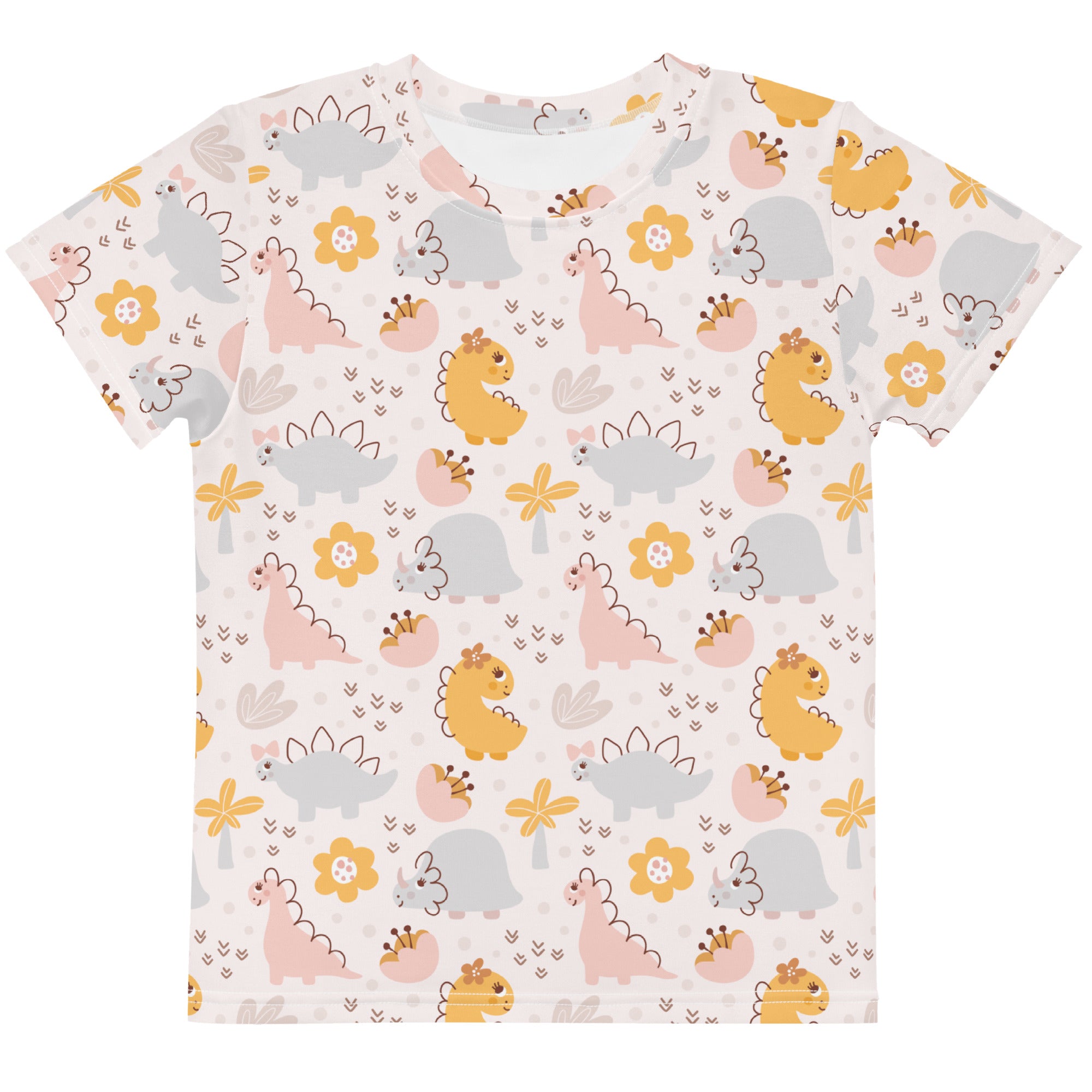Girls floral dinosaur cotton t-shirt with short sleeves and pastel cartoon dinosaur and flower print on cream background