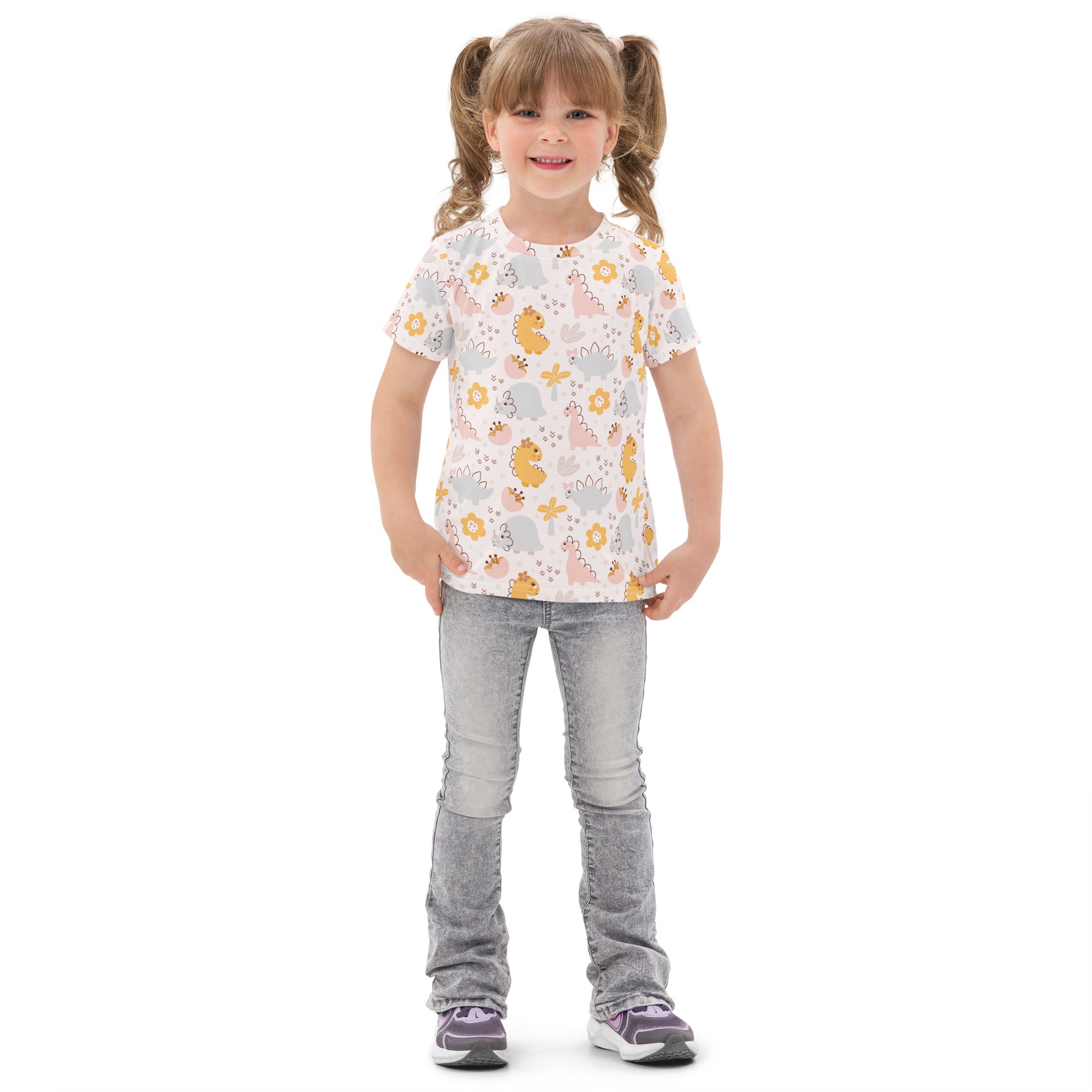 Girls floral dinosaur cotton t-shirt white short-sleeved with playful yellow pink and gray cartoon dinosaur and flower pattern