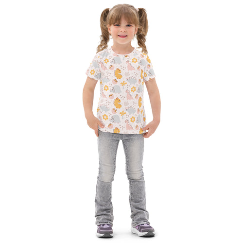 Girls floral dinosaur cotton t-shirt white short-sleeved with playful yellow pink and gray cartoon dinosaur and flower pattern