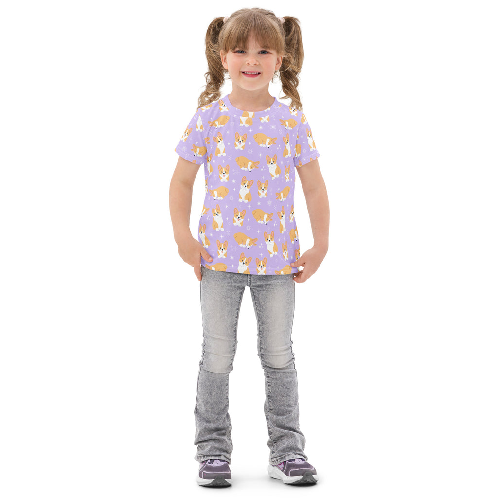 Girls Purple Corgi Dog Cotton T-Shirt