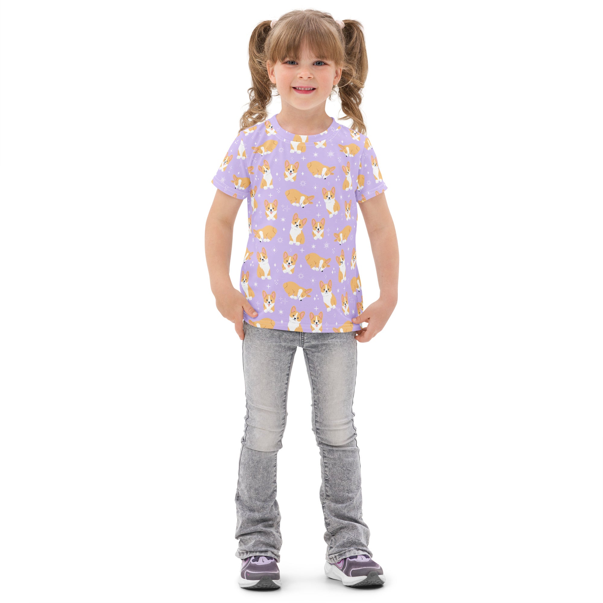 Girls Purple Corgi Dog Cotton T-Shirt