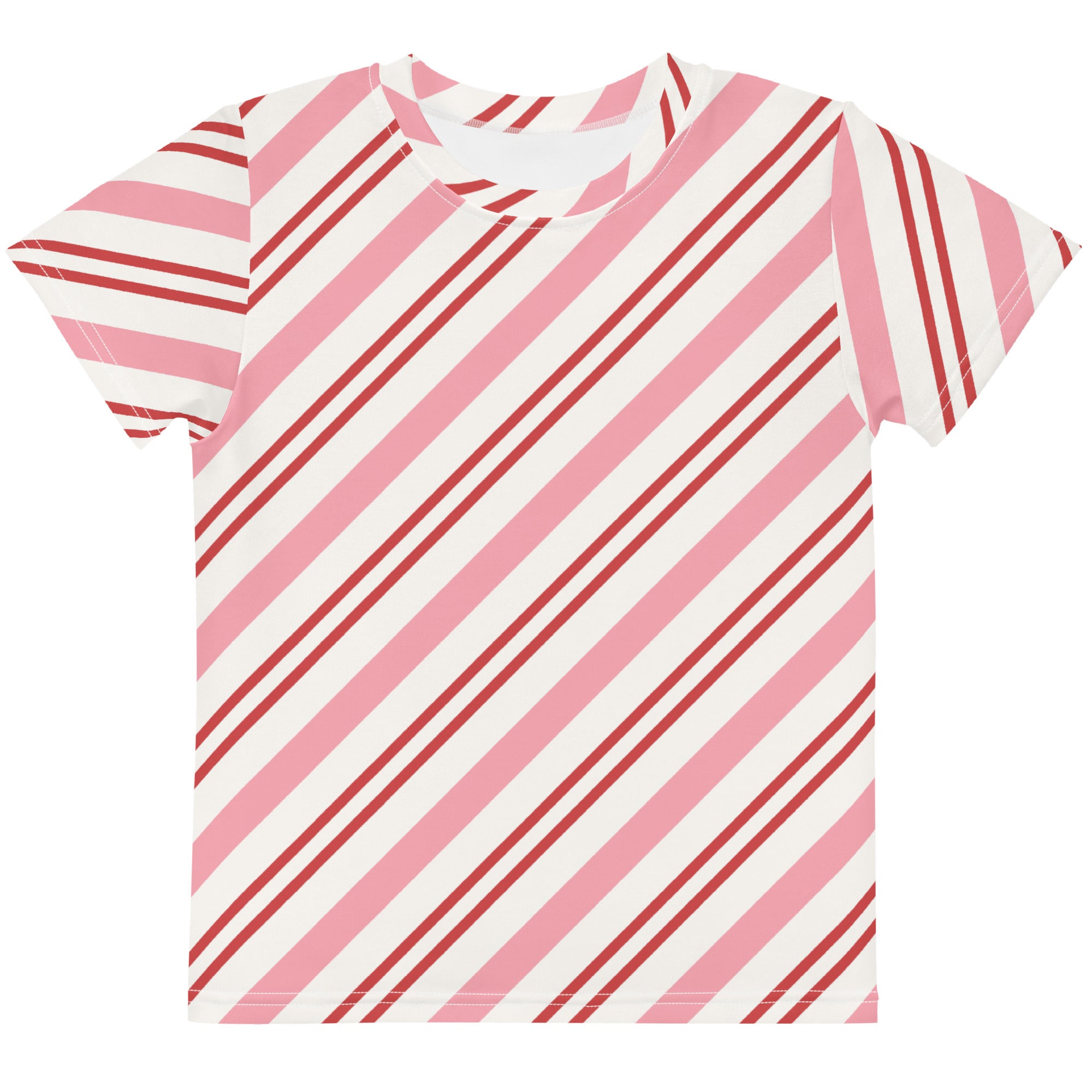Girls pink candy cane stripes cotton t-shirt with short sleeves and diagonal pink and red stripes on white background