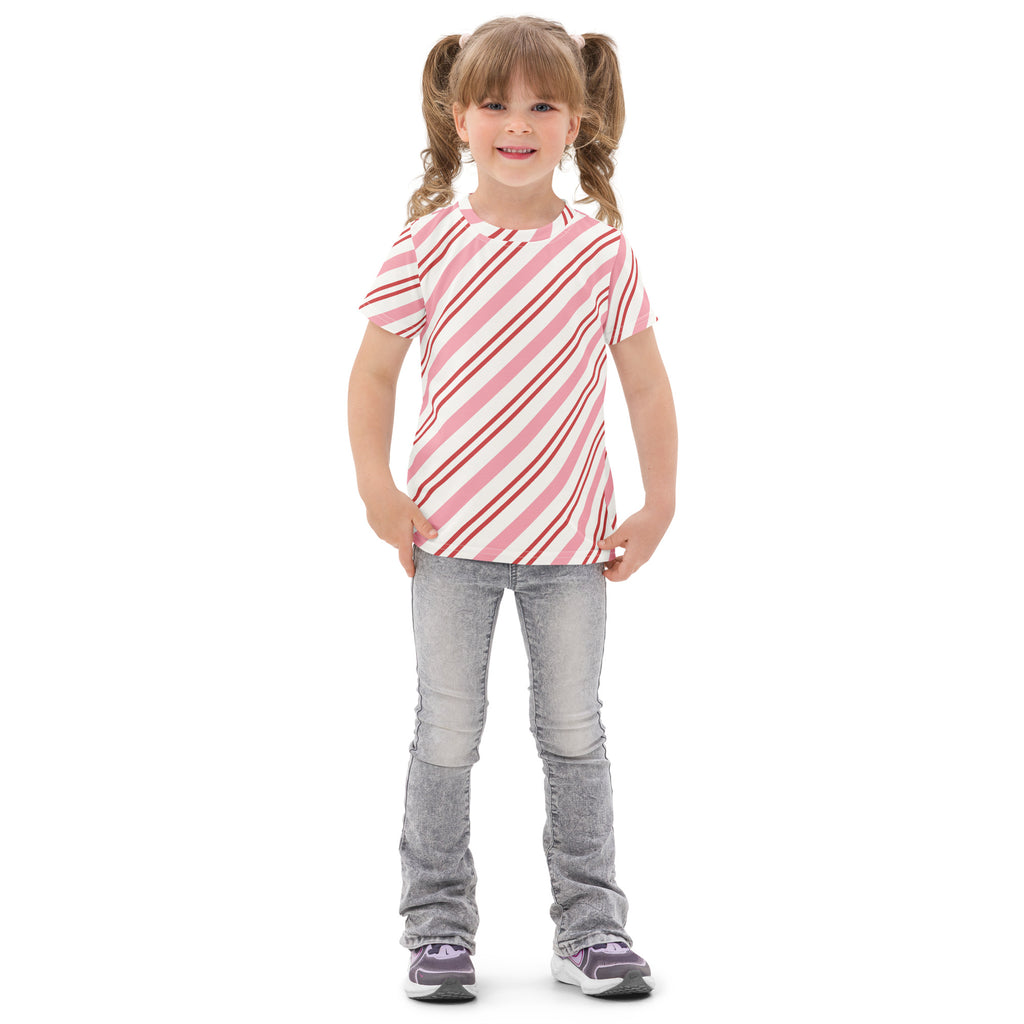Girls pink candy cane stripes cotton t-shirt with short sleeves and pink and white diagonal stripes design