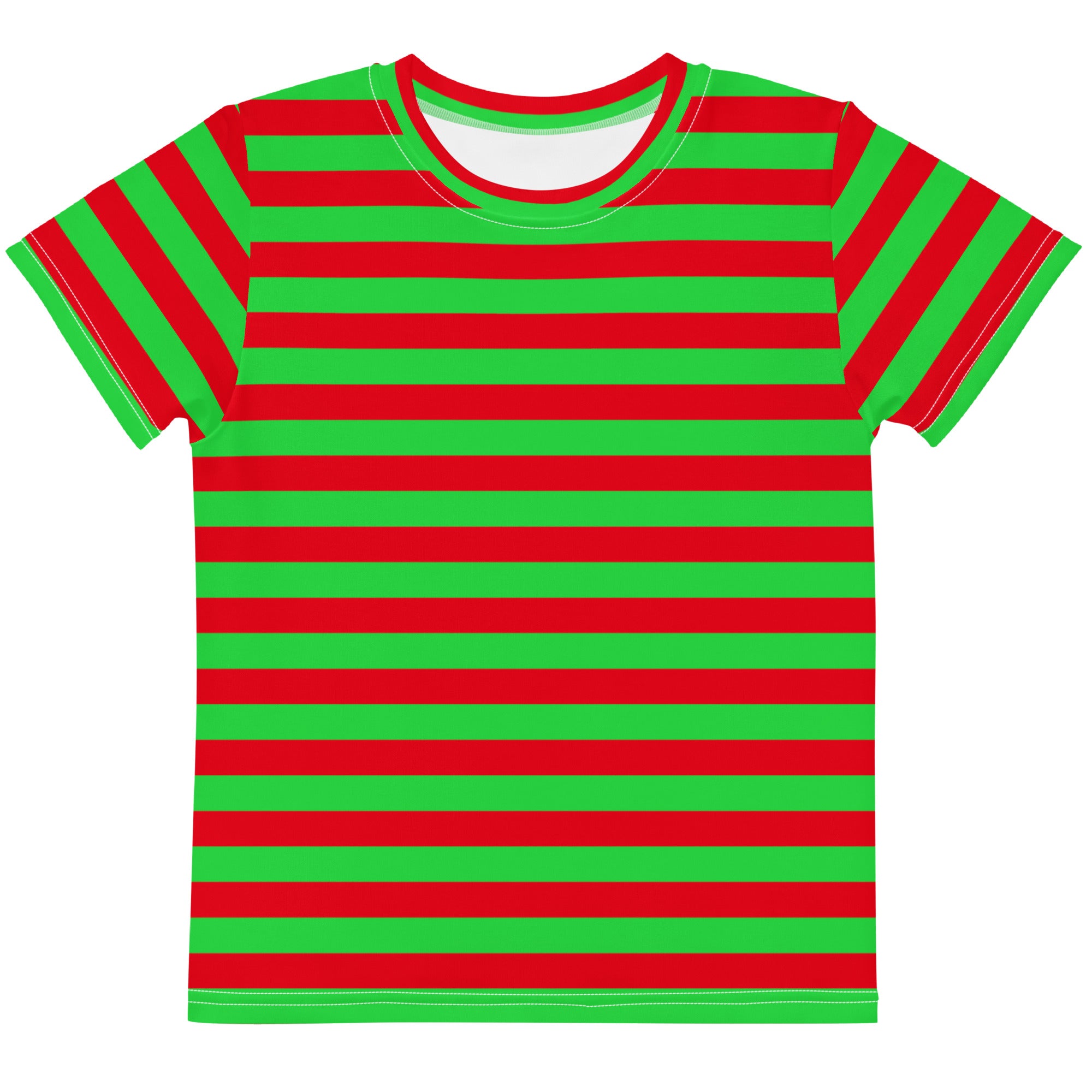 Kids red and green Christmas striped cotton t-shirt with vibrant horizontal stripes and a classic crew neck
