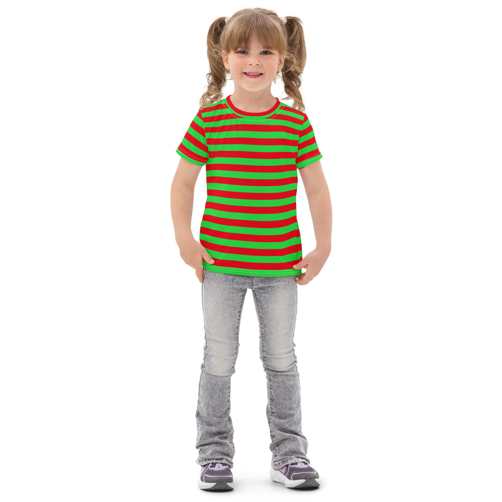 A child wearing a kids red and green Christmas striped cotton t-shirt with short sleeves and a rounded neckline
