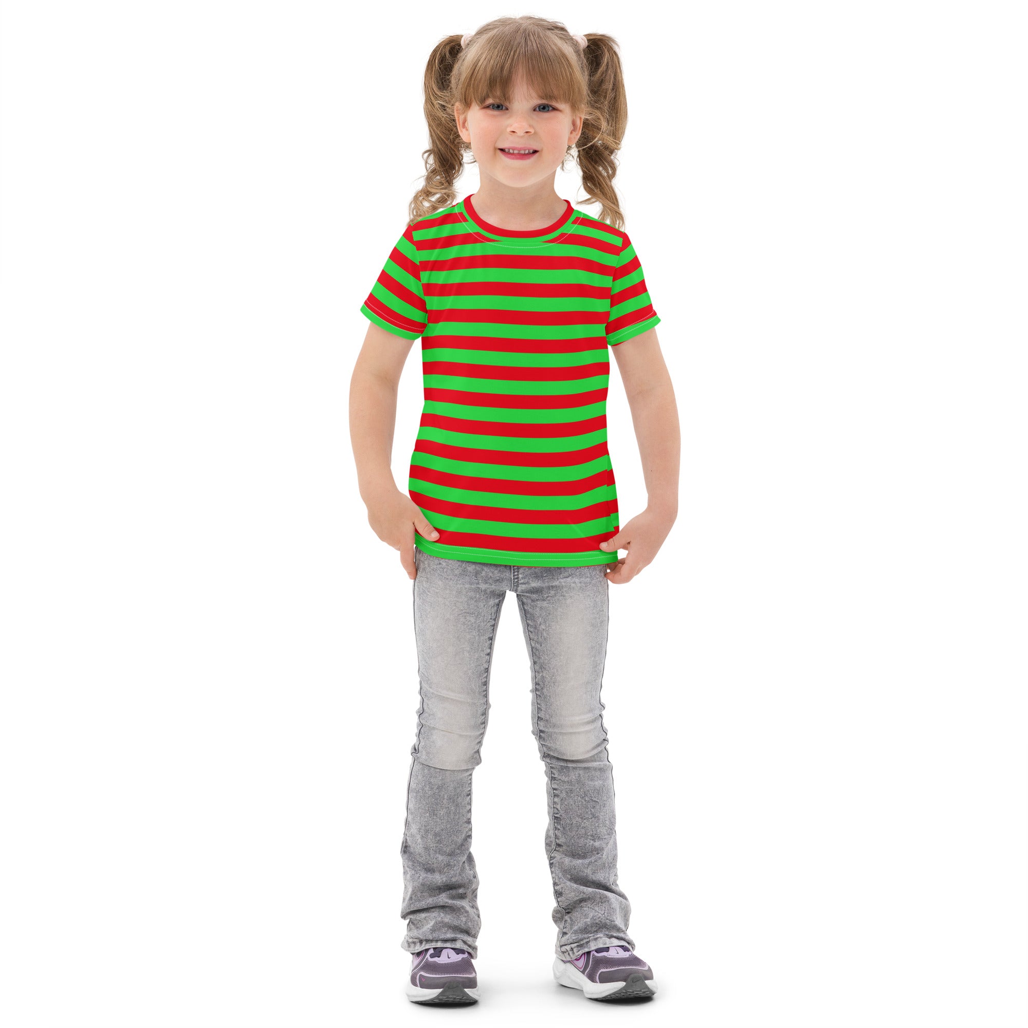 A child wearing a kids red and green Christmas striped cotton t-shirt with short sleeves and a rounded neckline