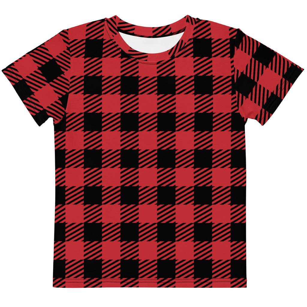 Kids red buffalo plaid cotton t-shirt featuring a bold red and black checkered short-sleeved design