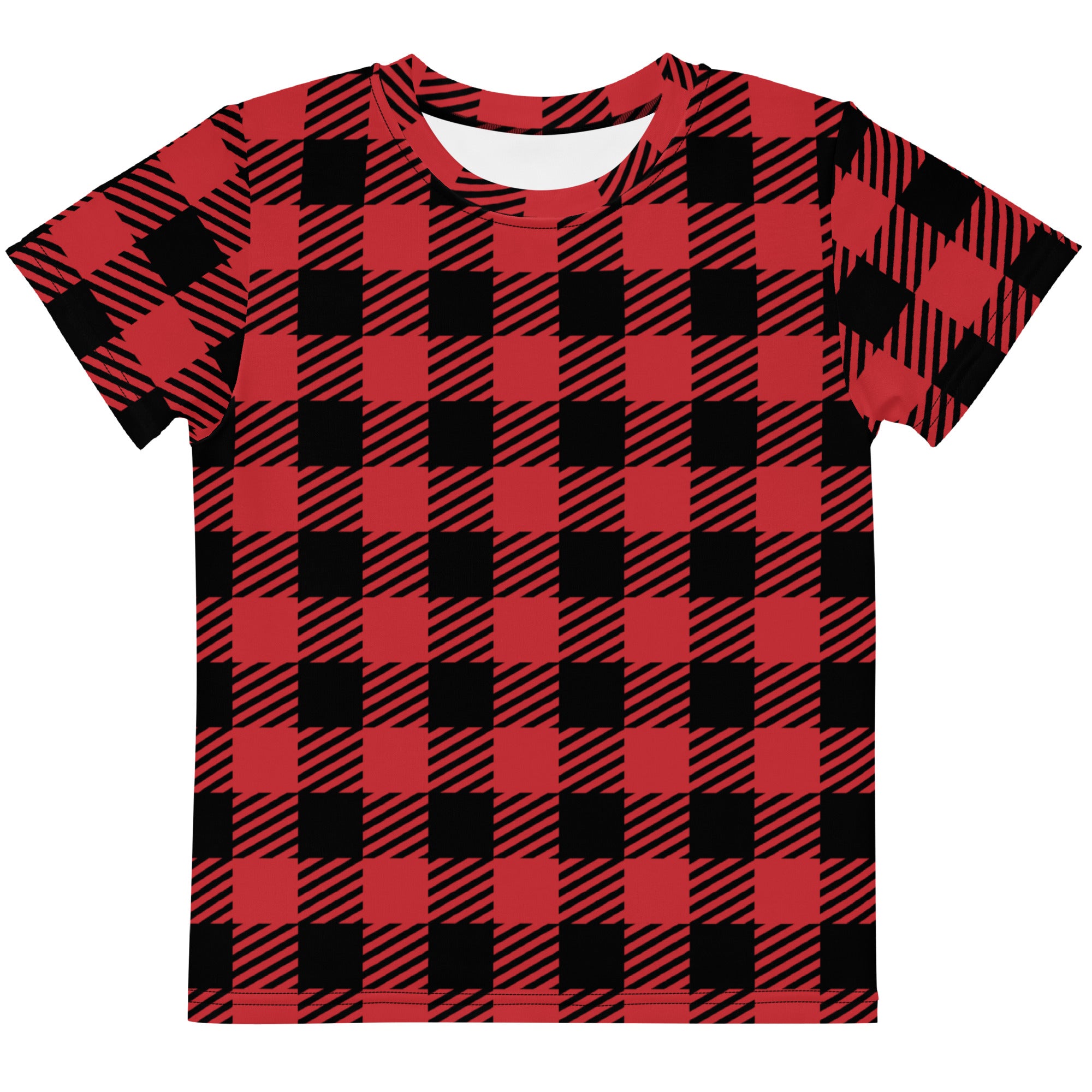 Kids red buffalo plaid cotton t-shirt featuring a bold red and black checkered short-sleeved design