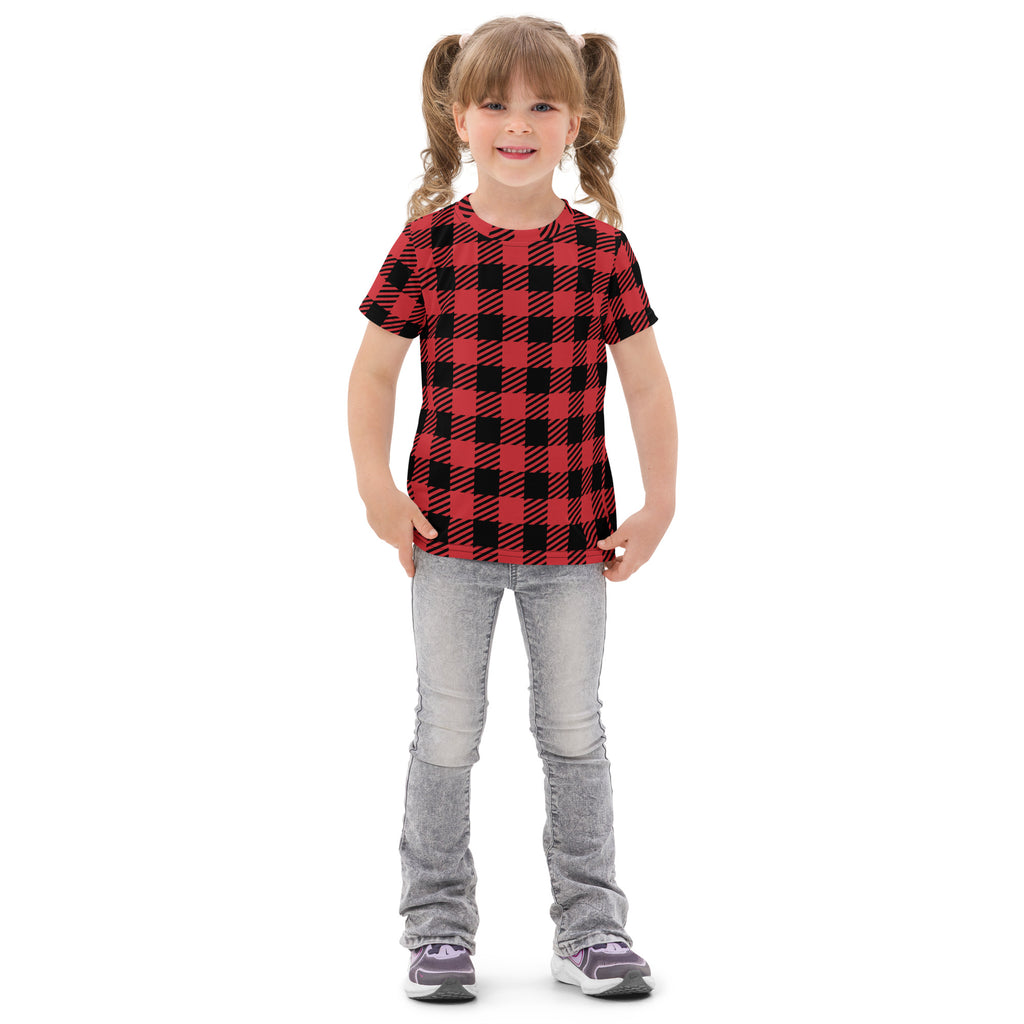 Kids red buffalo plaid cotton t-shirt featuring a red and black plaid short-sleeved design for girls