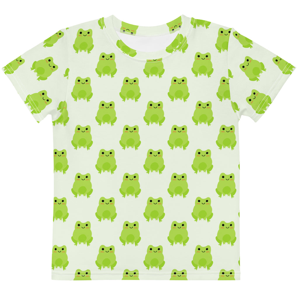Kids green frogs cotton t shirt with bright green cartoon frog print on off white short sleeved fabric