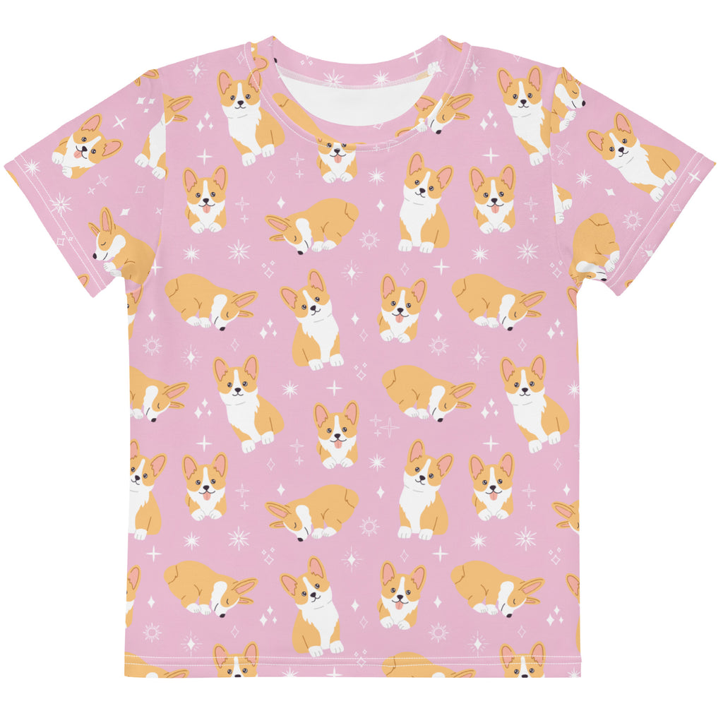 Girls Pink Corgi Dog Cotton T-Shirt