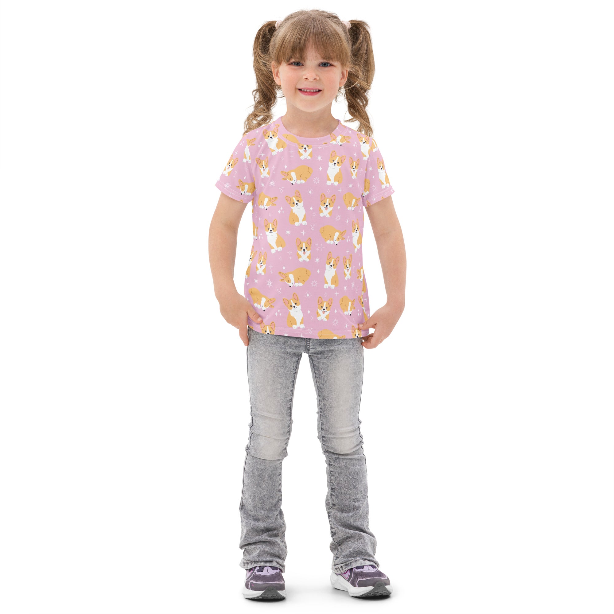 Girls Pink Corgi Dog Cotton T-Shirt