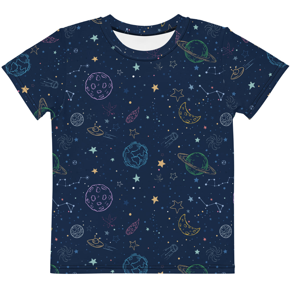 Kids colorful galaxy space cotton t-shirt navy blue with vibrant planets stars constellations and ufos print