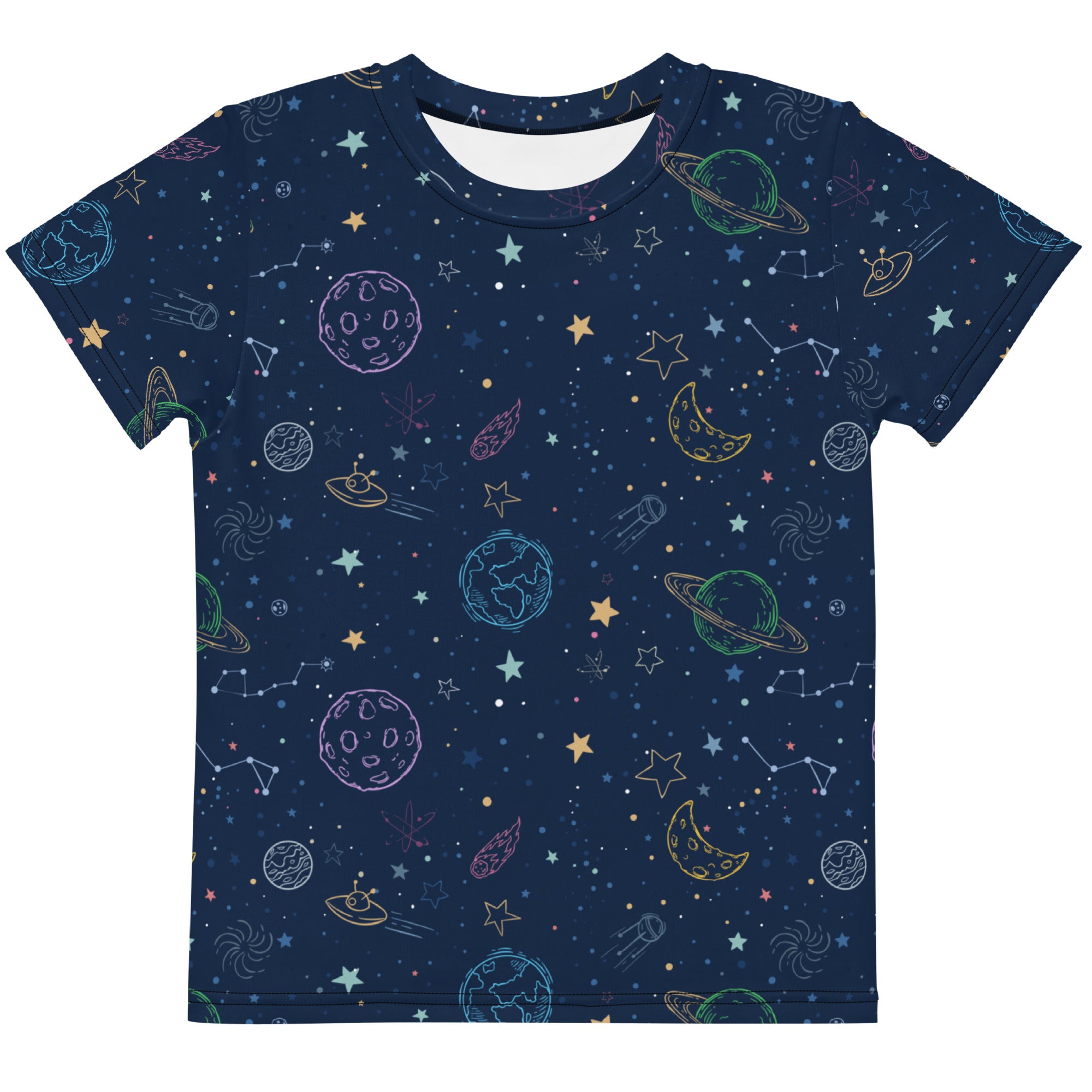 Kids colorful galaxy space cotton t-shirt navy blue with vibrant planets stars constellations and ufos print