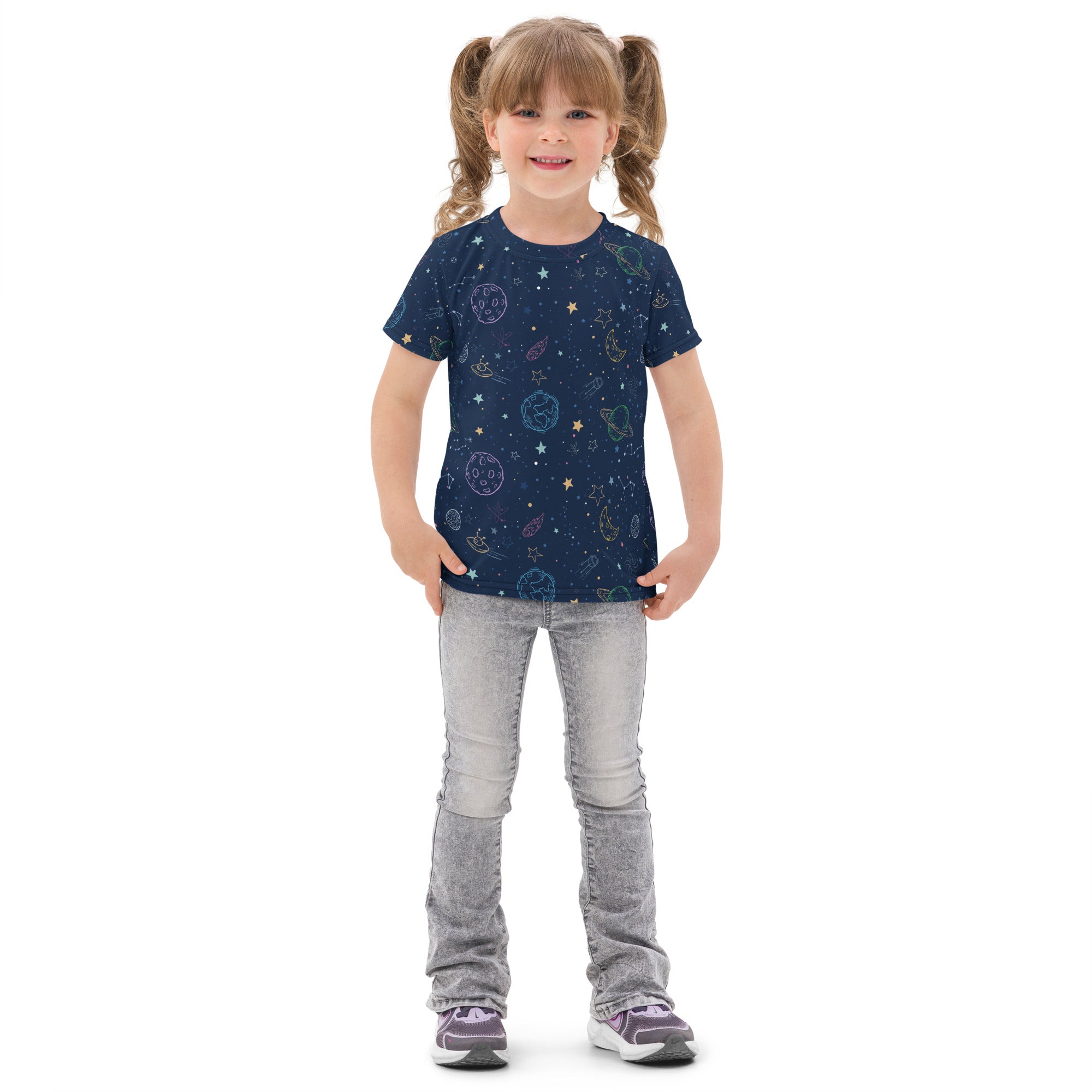 Navy blue kids short-sleeved cotton t-shirt with colorful galaxy space print featuring planets stars and rockets