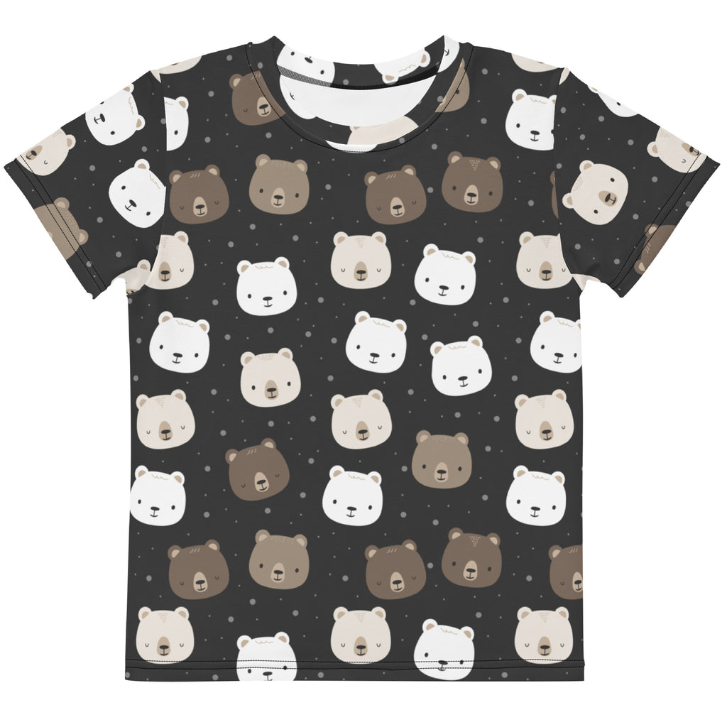 Black kids cotton t-shirt with playful all-over cartoon bear face print in white beige and brown on dark background