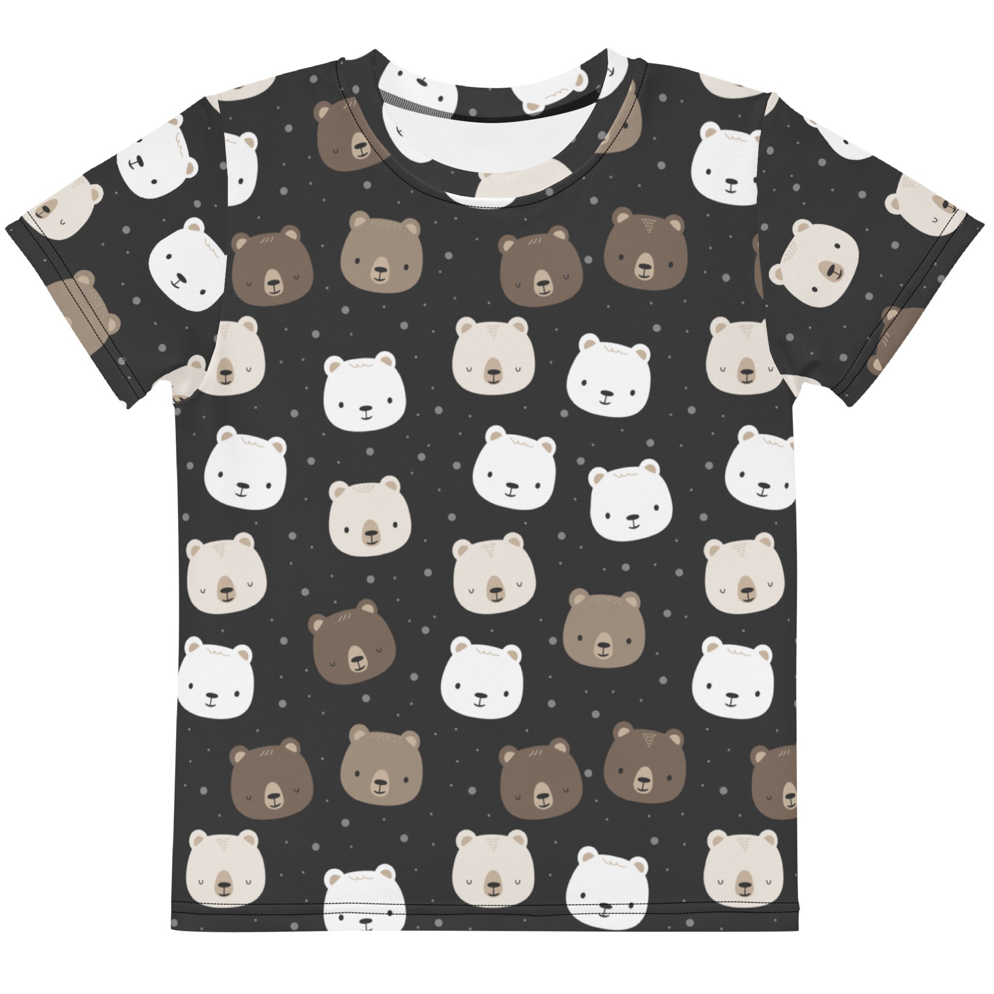 Black kids cotton t-shirt with playful all-over cartoon bear face print in white beige and brown on dark background