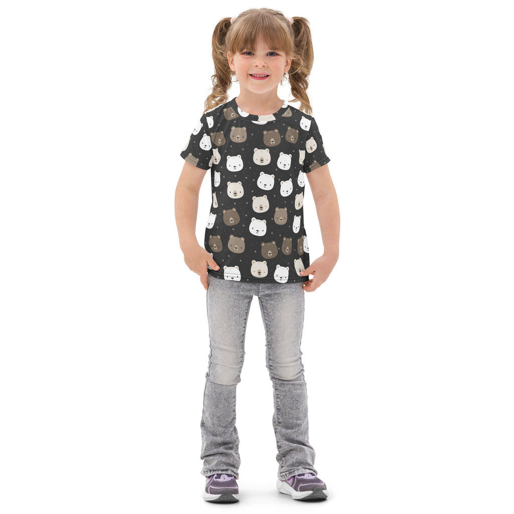 Kids bear face cotton t-shirt in black with playful white and brown bear faces on a dark short-sleeved design