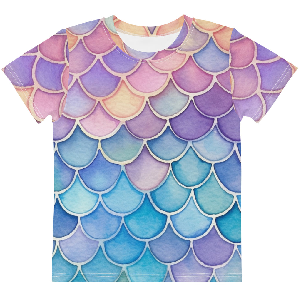Girls watercolor mermaid cotton t-shirt with short sleeves and vibrant pink purple to blue teal mermaid scale pattern