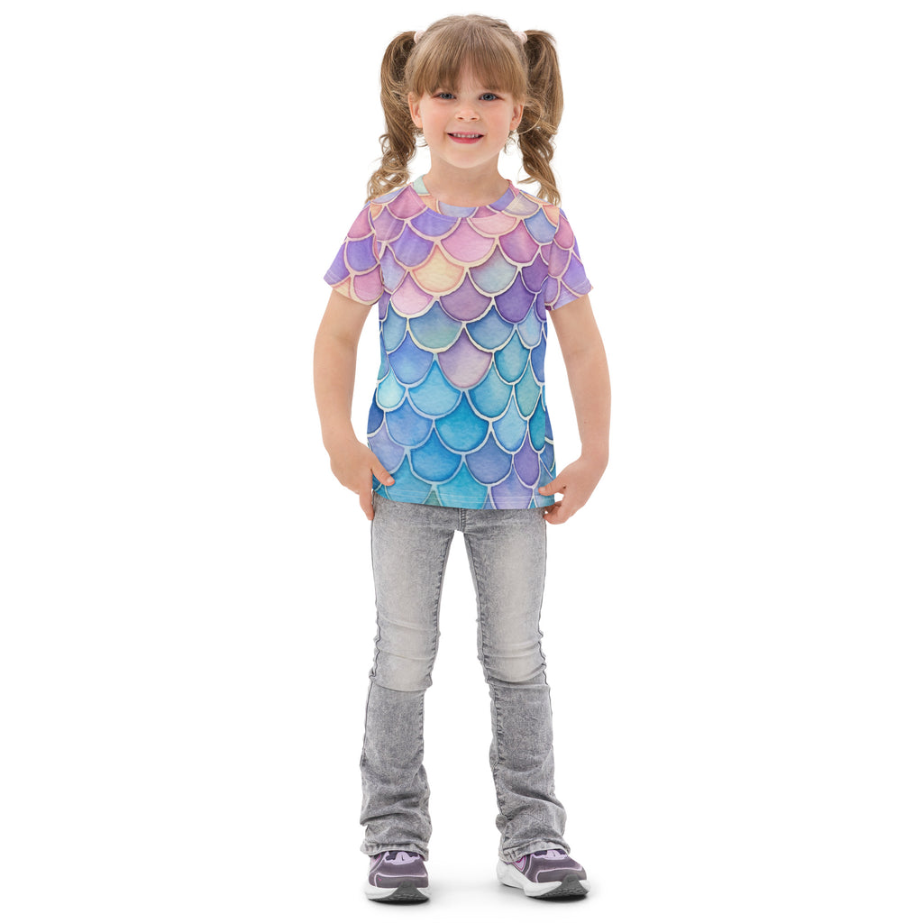 Girls short-sleeved cotton t-shirt with a vibrant pastel purple pink and blue mermaid-scale pattern