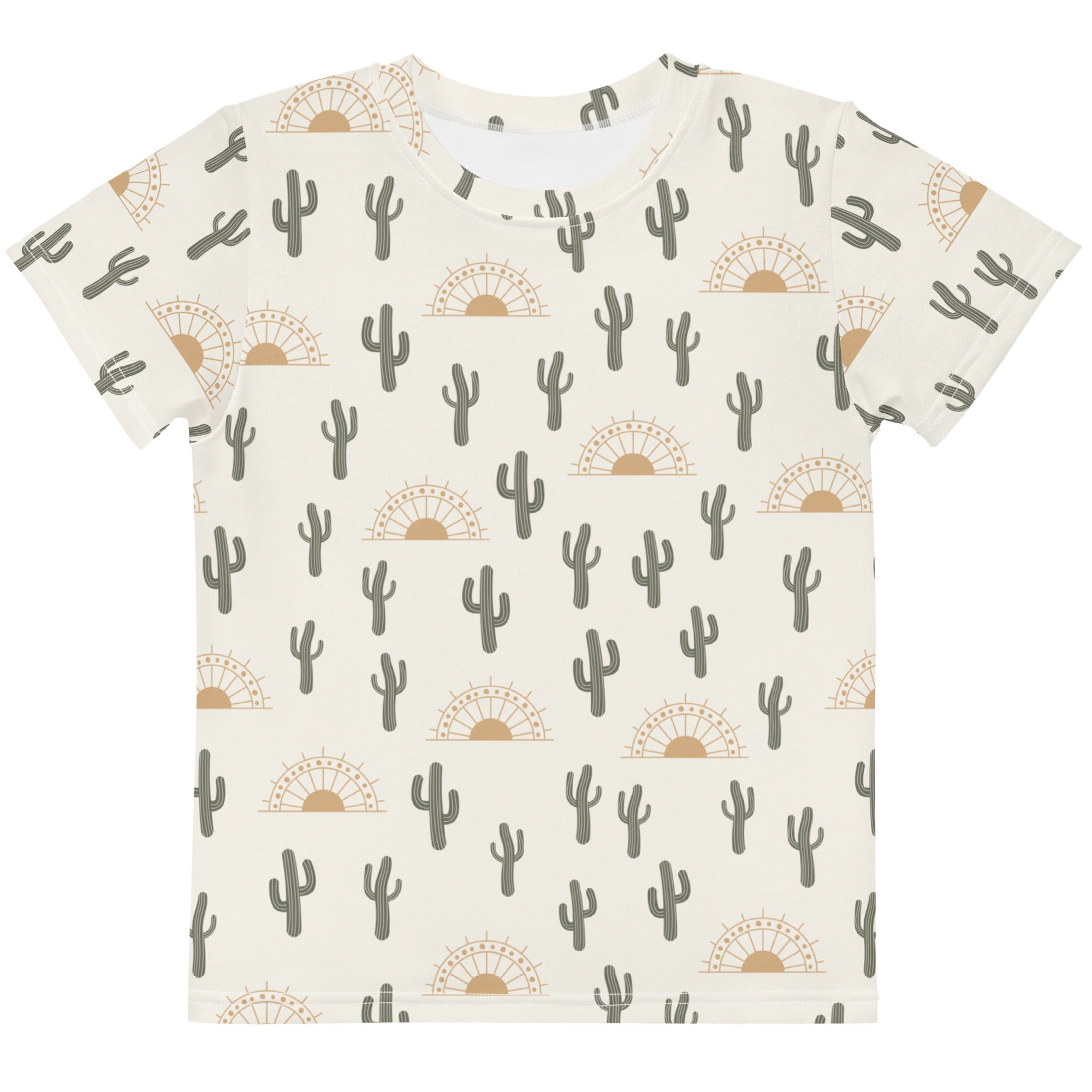 Cream-colored kids cotton t-shirt with short sleeves and gray cactus and tan sunburst pattern for desert sunrise theme