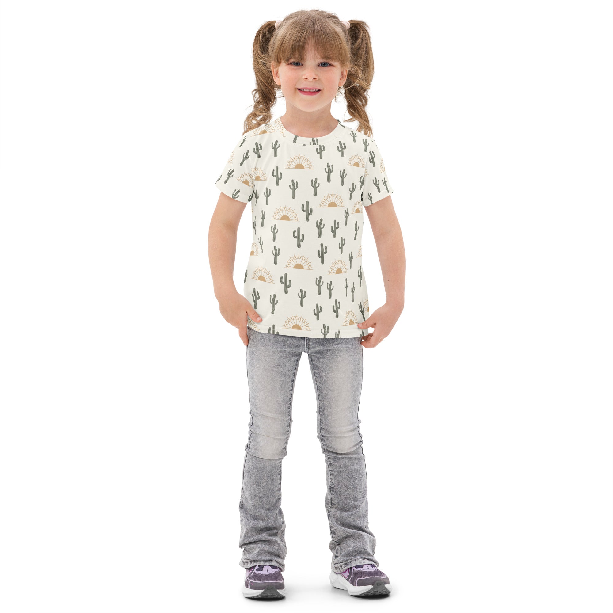 Kids cactus desert sunrise cotton t-shirt with black cactus and beige sun pattern on off-white short-sleeved fabric