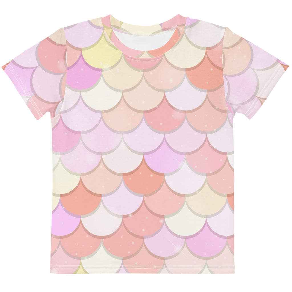 Girls pink mermaid cotton t-shirt with pastel pink peach cream mermaid scale pattern and soft watercolor finish