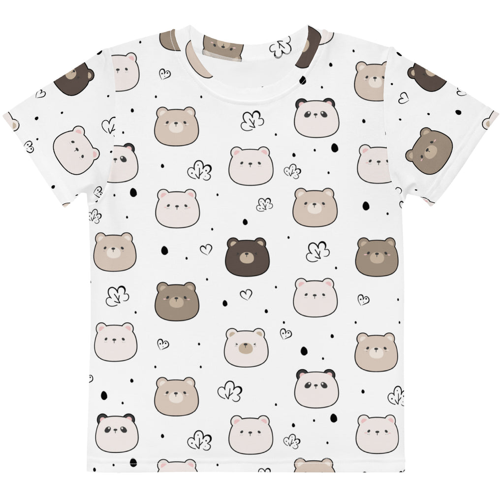 White kids cotton t-shirt with short sleeves featuring a playful all-over print of beige and brown cartoon bears