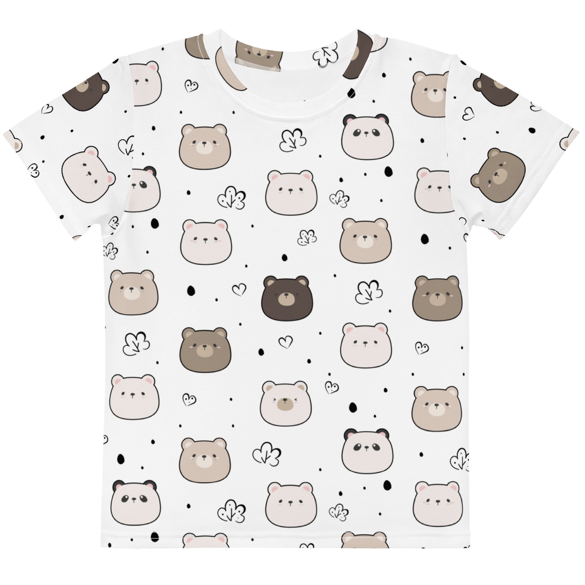 White kids cotton t-shirt with short sleeves featuring a playful all-over print of beige and brown cartoon bears