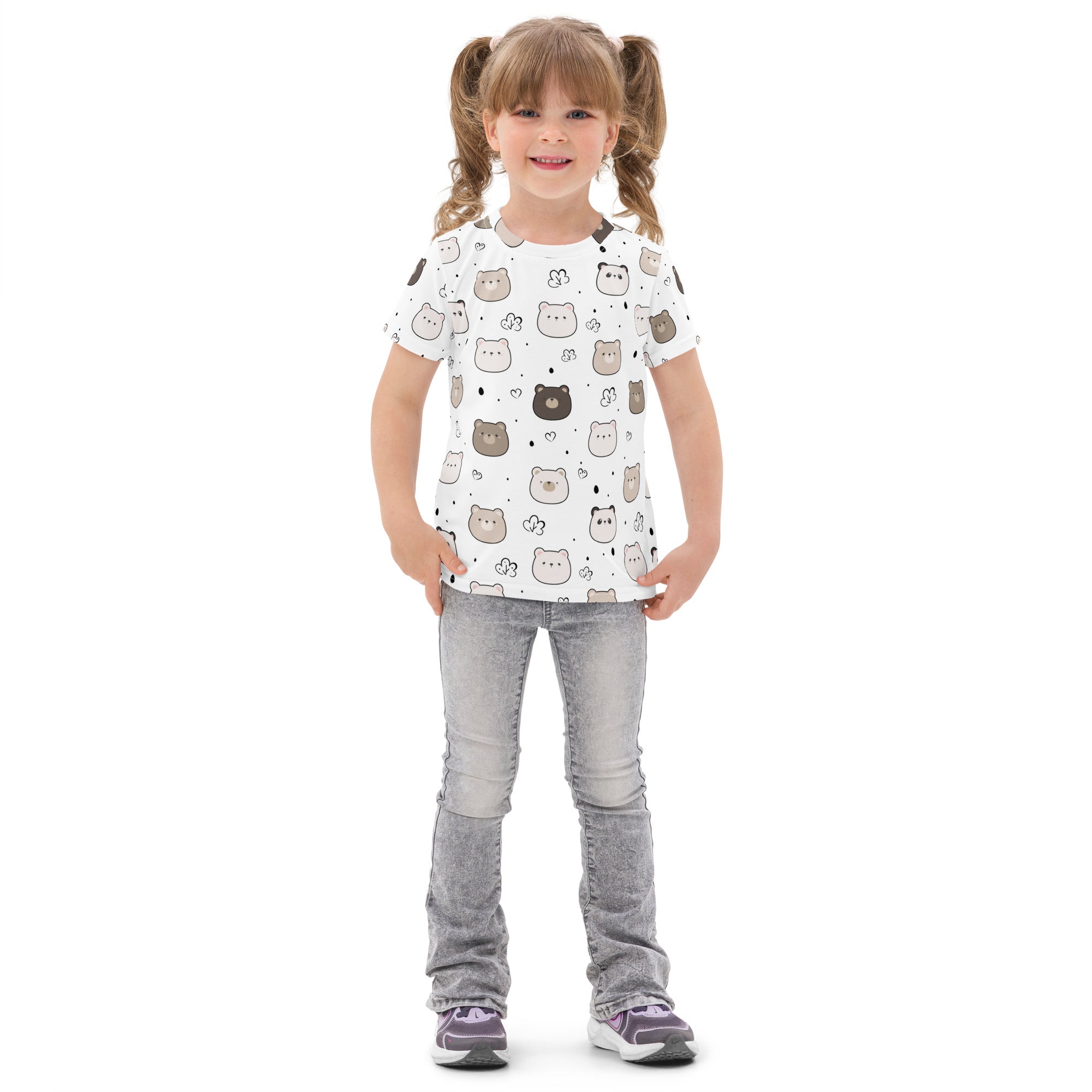 White kids cotton t-shirt with short sleeves featuring playful cartoon cats and bears in gray black and beige