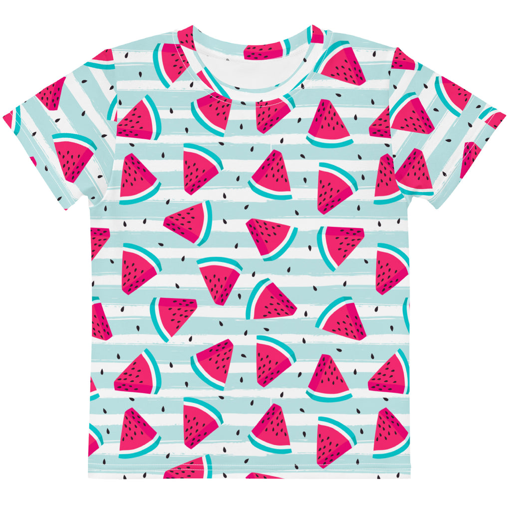 Kids watermelon summer stripes cotton t-shirt with playful pink watermelon print on light blue and white stripes