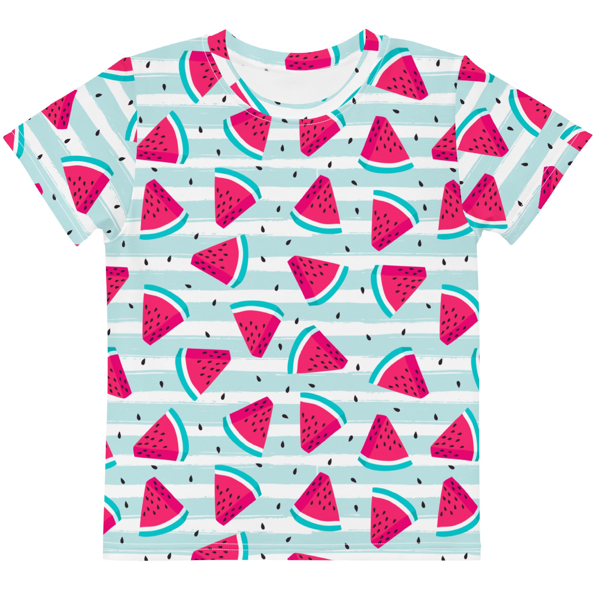 Kids watermelon summer stripes cotton t-shirt with playful pink watermelon print on light blue and white stripes