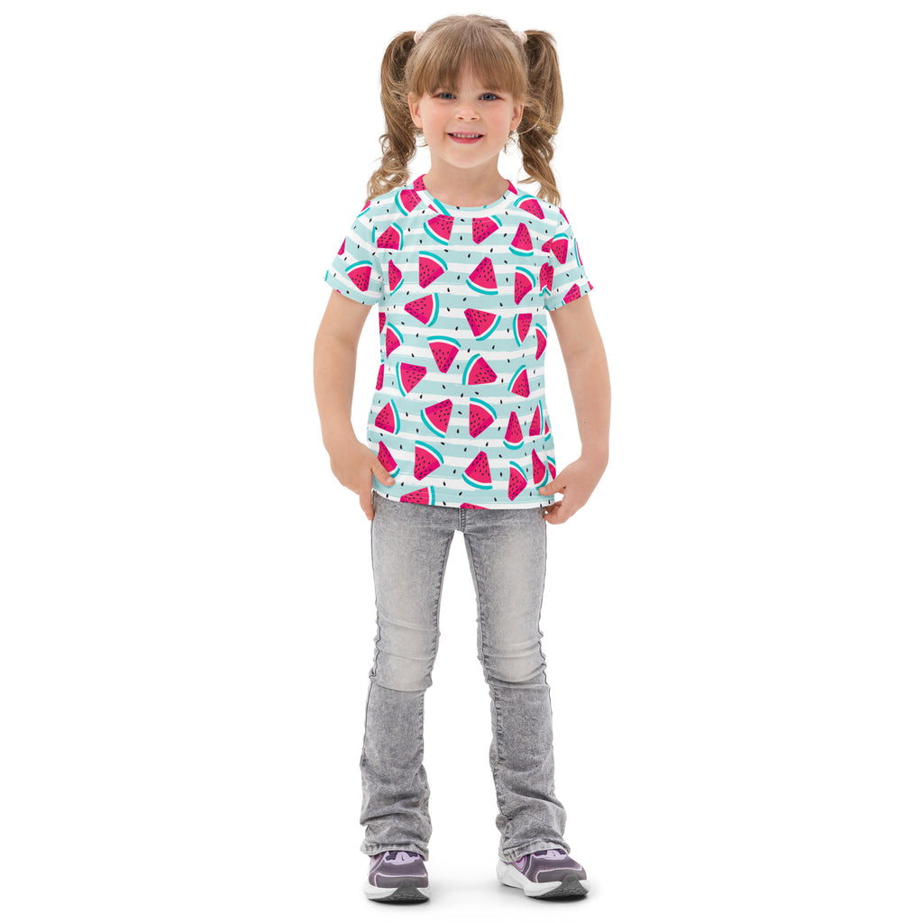Kids watermelon summer stripes cotton t-shirt with pink watermelon slices on green rinds over light blue and white stripes