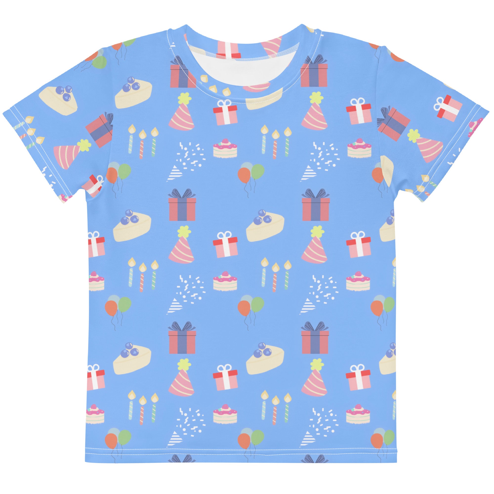 Kids blue birthday party cotton t-shirt with light blue short sleeves and playful all-over birthday-themed print