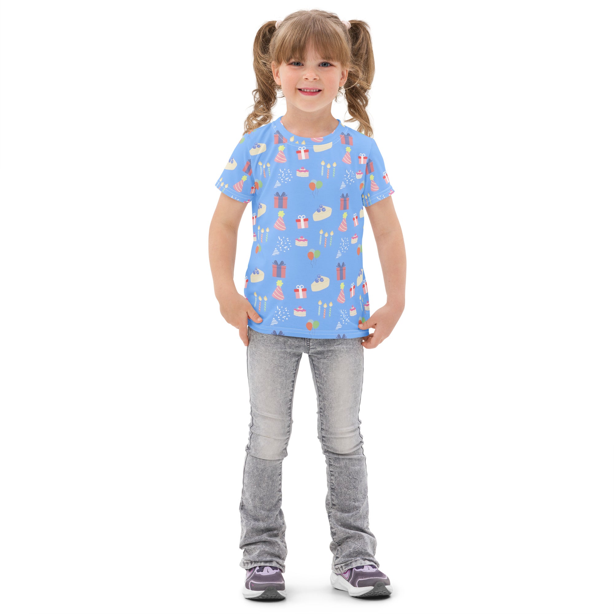 Kids blue birthday party cotton t-shirt with light blue short sleeves and playful birthday-themed illustrations