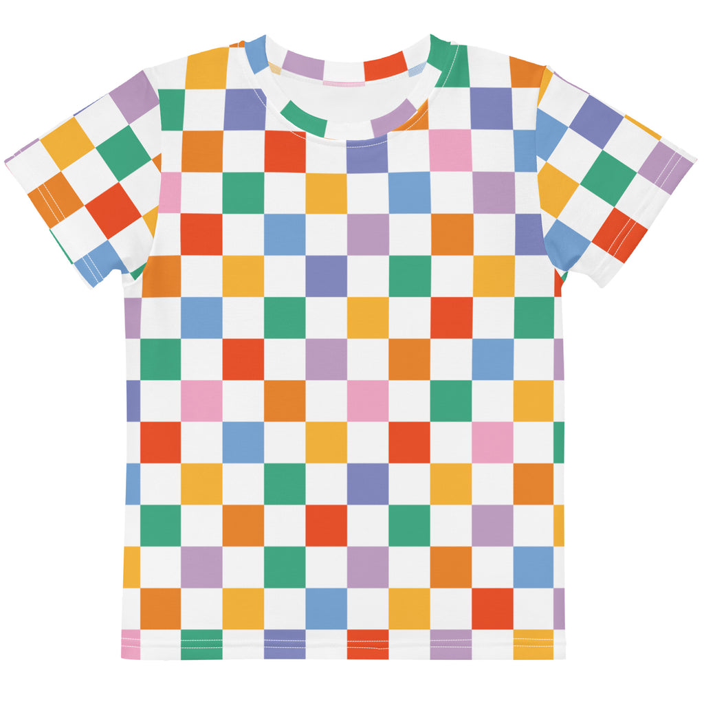 Kids rainbow checkerboard cotton t-shirt with playful multicolored squares in orange green blue purple and pink on white