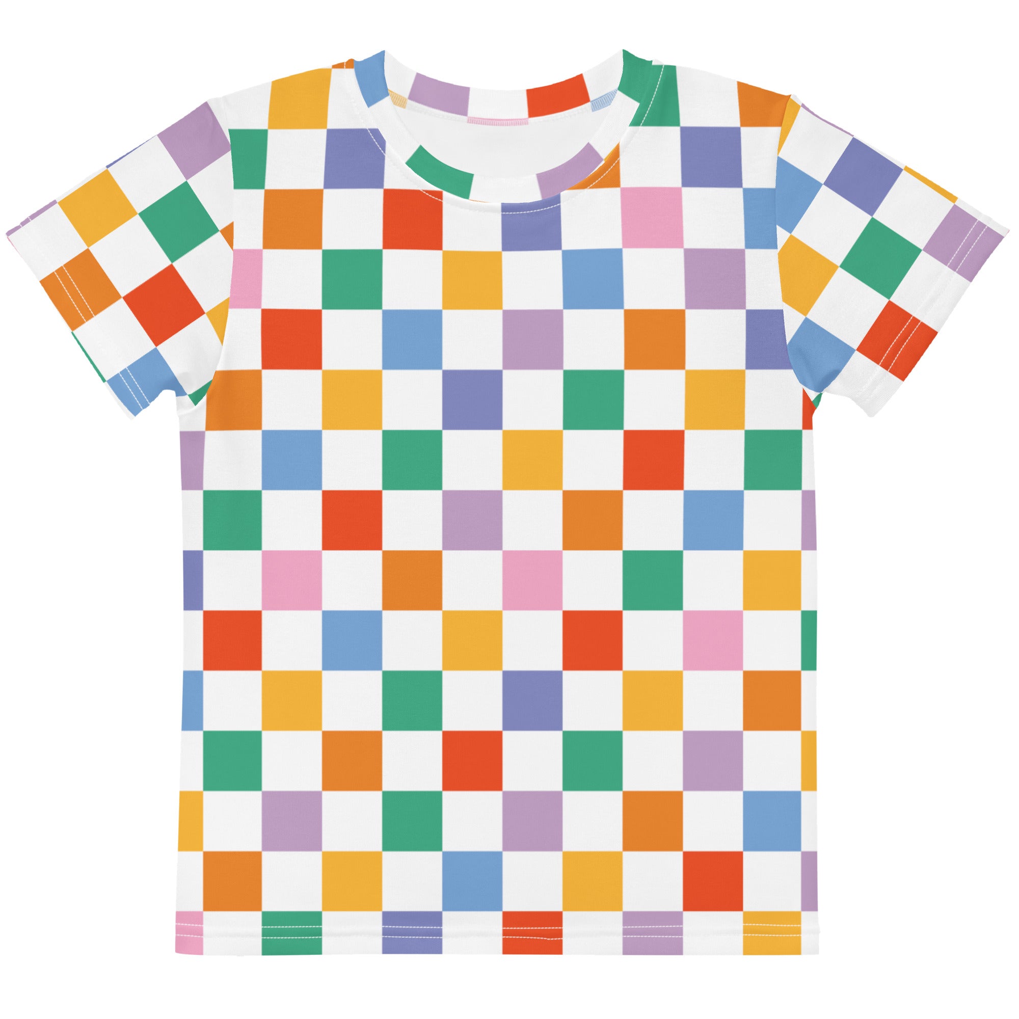 Kids rainbow checkerboard cotton t-shirt with playful multicolored squares in orange green blue purple and pink on white
