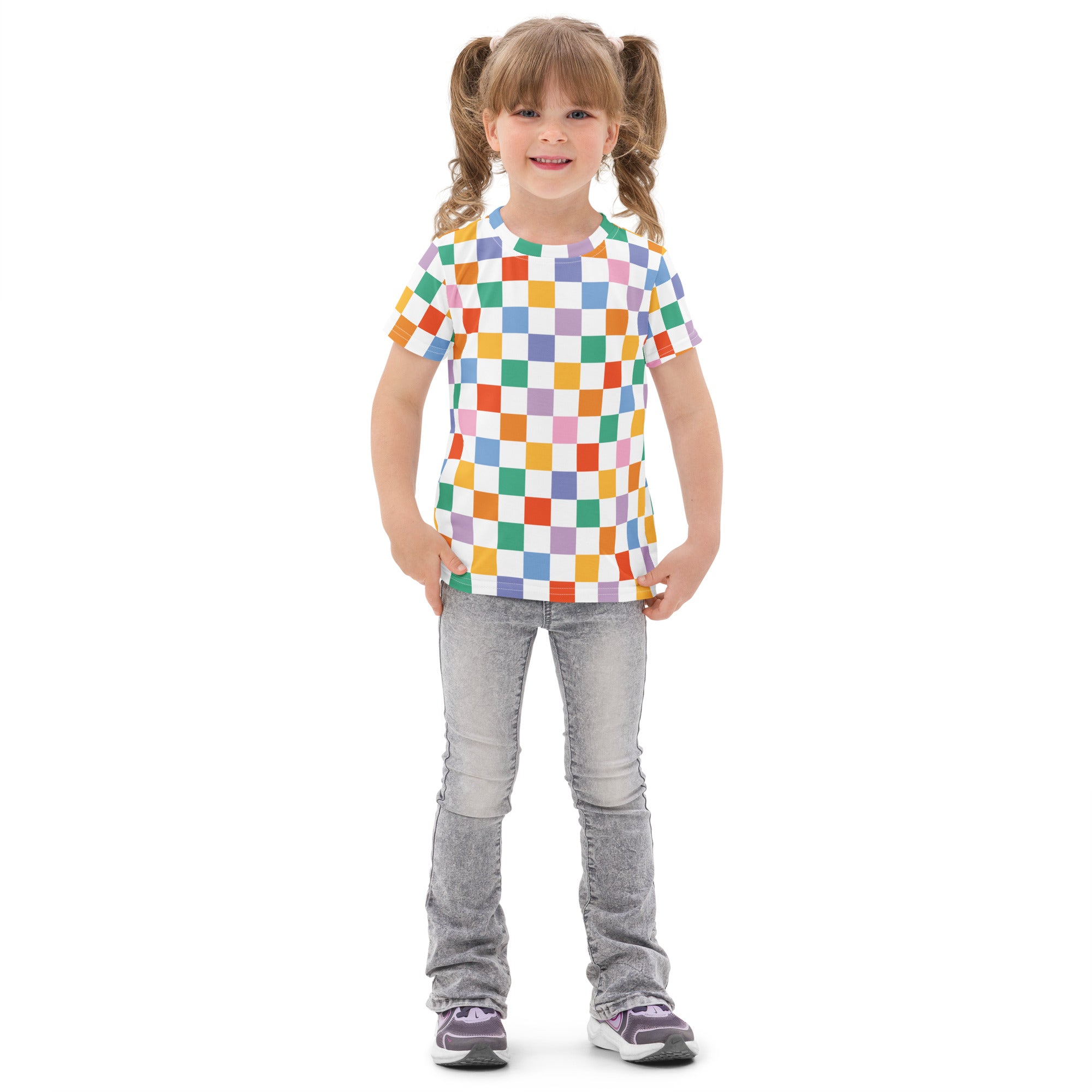 Kids rainbow checkerboard cotton t-shirt with vibrant multicolored short-sleeved pattern on white background