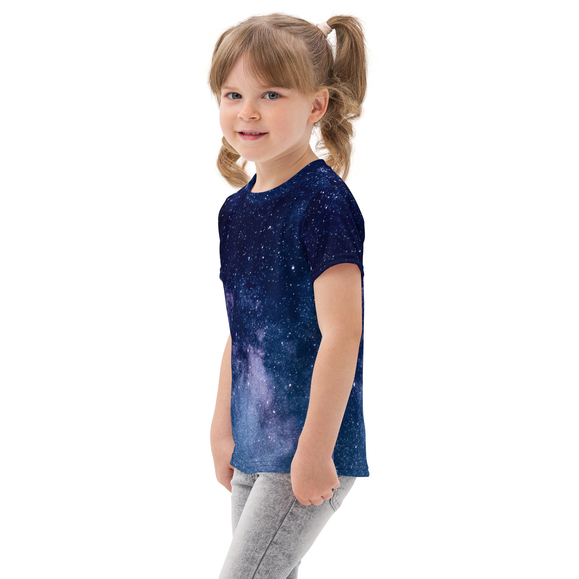 A child wearing a navy blue kids realistic galaxy cotton t-shirt with a purple and white cosmic galaxy print