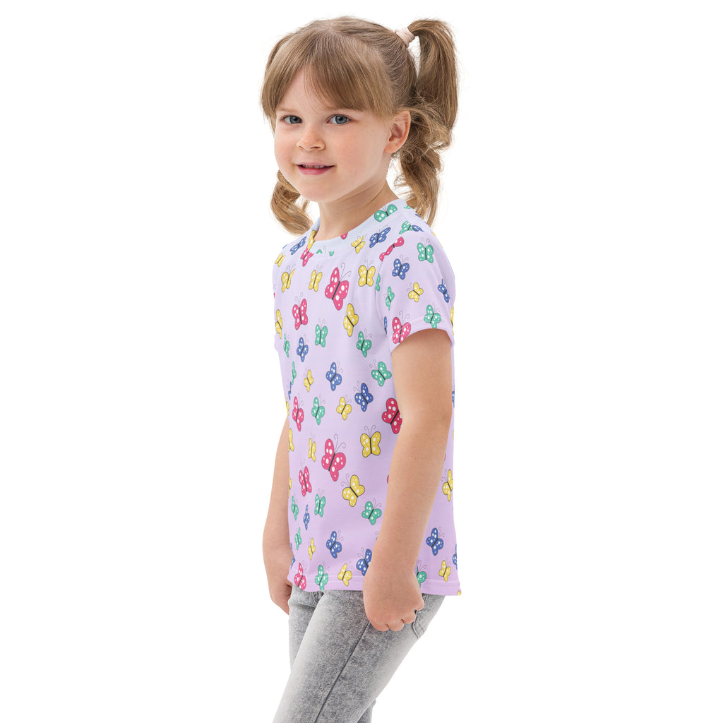 Girls colorful butterflies cotton t-shirt lavender short-sleeved with multicolored butterfly pattern for casual wear