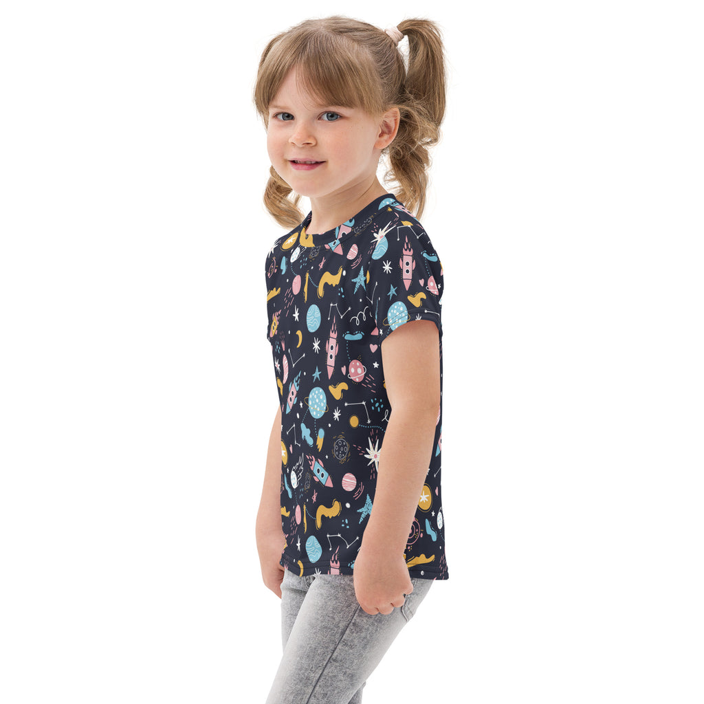 Kids outer space cotton t-shirt in navy blue with short sleeves and colorful rockets planets stars and moons print