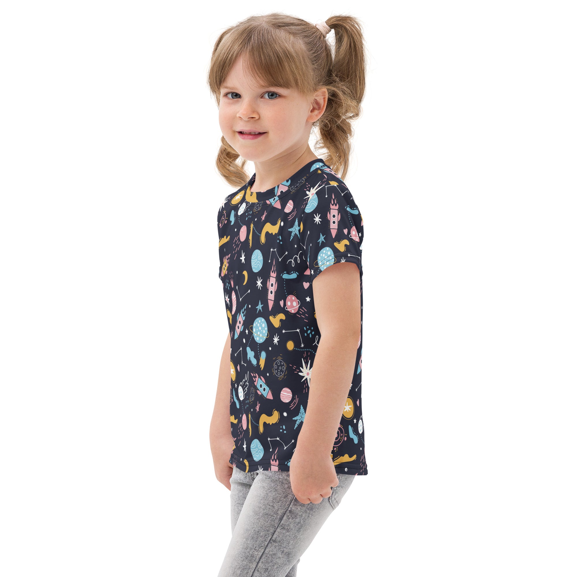 Kids outer space cotton t-shirt in navy blue with short sleeves and colorful rockets planets stars and moons print