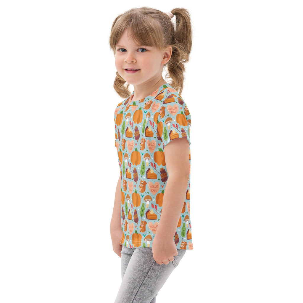 Kids hello fall pumpkin cotton t-shirt in light blue with playful autumn pumpkins mushrooms and fall treats pattern