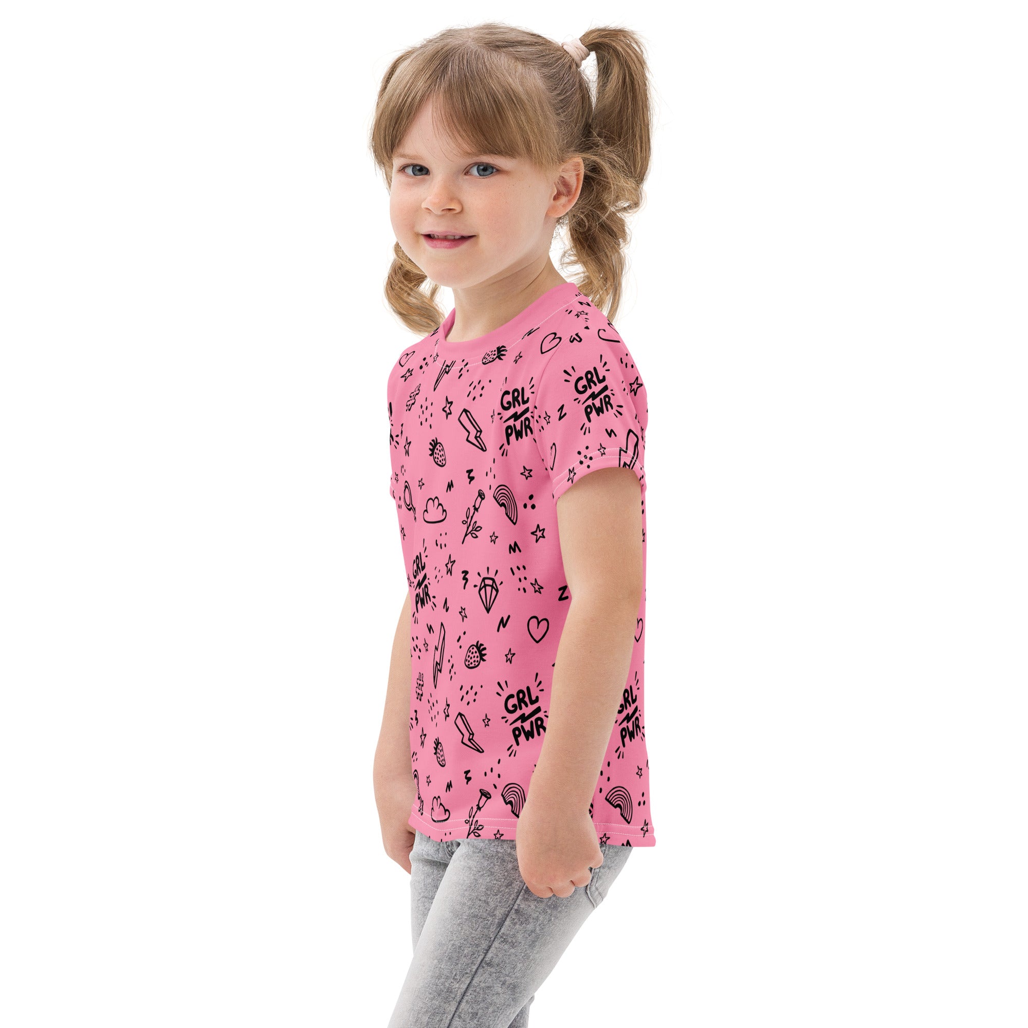 Pink girl power cotton t-shirt with black grl pwr text and doodle graphics short sleeves casual wear