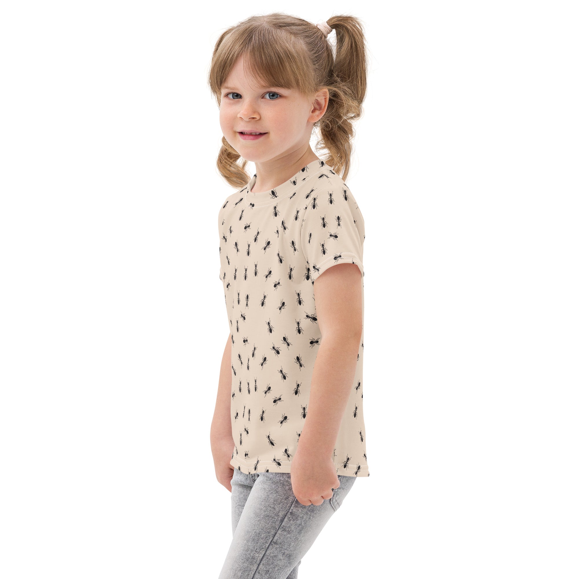 Beige kids ant cotton t-shirt with short sleeves and black ant pattern perfect for casual wear