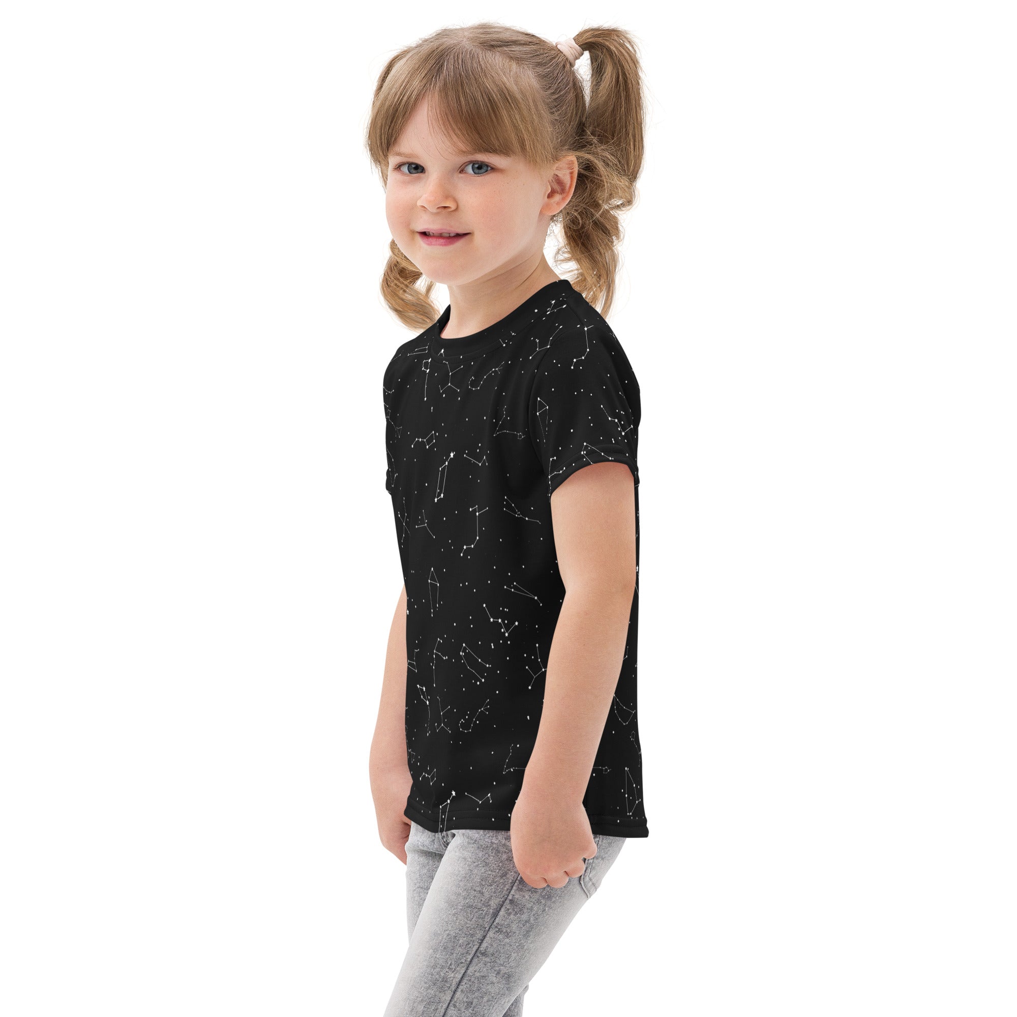 Black kids cotton short-sleeved t-shirt with a subtle white realistic constellation pattern for casual wear
