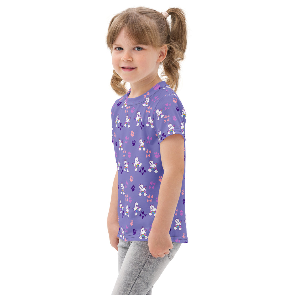Girls purple caticorn cotton t-shirt with short sleeves and playful white cartoon dogs pink paw prints and purple hearts pattern